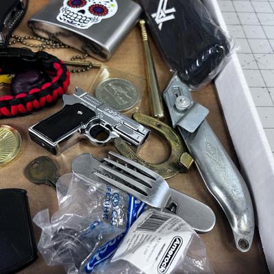 Stuff Lot: Leathers, Tokens, Lighter, Whistle, Flask ETC.