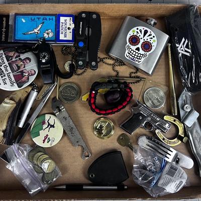 Stuff Lot: Leathers, Tokens, Lighter, Whistle, Flask ETC.