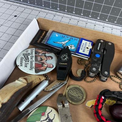 Stuff Lot: Leathers, Tokens, Lighter, Whistle, Flask ETC.