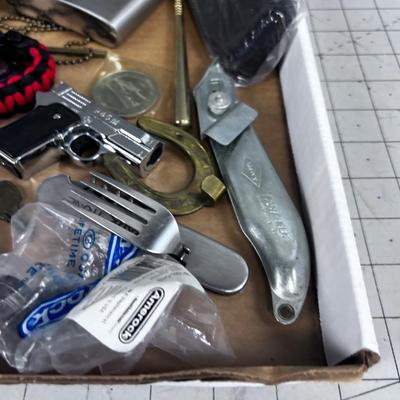 Stuff Lot: Leathers, Tokens, Lighter, Whistle, Flask ETC.