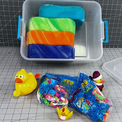 Tub of Bath Toys and Water Balloons (Not for Toddlers!) 