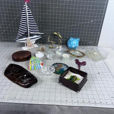 Decorative Items Large LOT; Sail Boat, Humming Bird and Piggy Bank