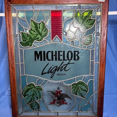 Rare Vintage Plastic Stained Glass Michelob Panel Wood Frame (1 of 2)