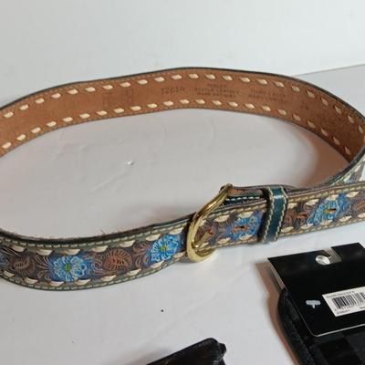 Leather belt Size 34 with flower design, new glasses case and a top grain leather wallet