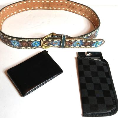 Leather belt Size 34 with flower design, new glasses case and a top grain leather wallet