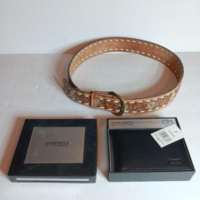 Tooled Leather belt size 34 with new Concepts Claiborne black multi-card Wallet
