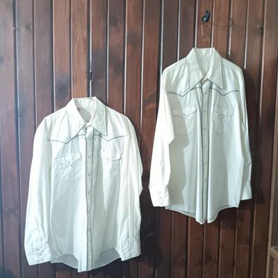 Two Men's white western pearl snap shirts with western style trim green & blue 16 1/2 -35