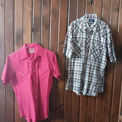 Two men's pearl snap western styled short sleeved shirts Miller wear Denver & Wrangler