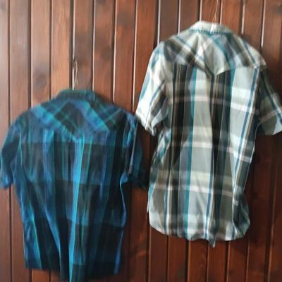 Two men's western short sleeved pearl snap shirts Size Large Wrangler & 16 tall Rock Creek Ranch