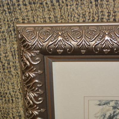 Set of 2 Asian Art Prints in Ornate Silver Tone Frames