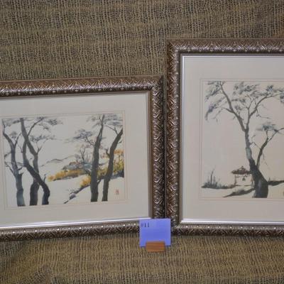 Set of 2 Asian Art Prints in Ornate Silver Tone Frames