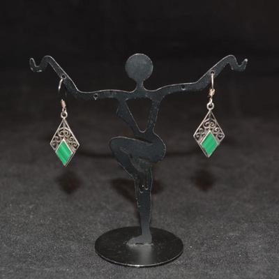 Vintage 925 Sterling Filigree Drop Earrings with Malachite 2.8g