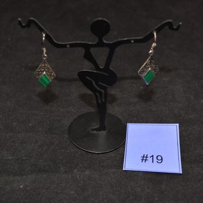 Vintage 925 Sterling Filigree Drop Earrings with Malachite 2.8g