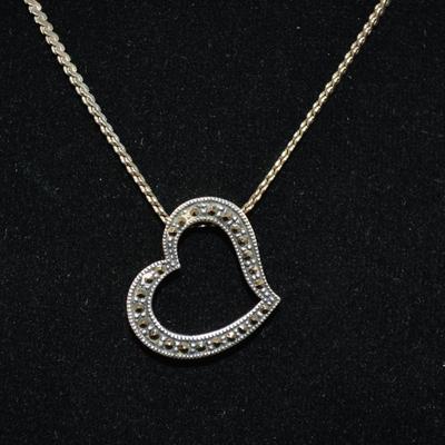 925 Sterling Herringbone Chain w/ 925 Marcasite Heart 16