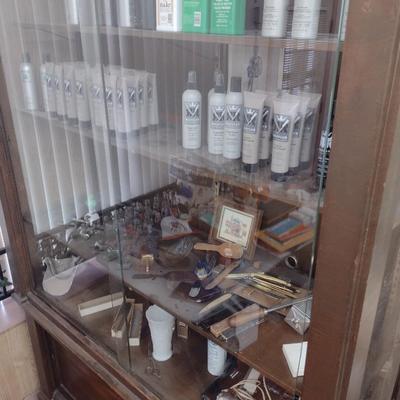 Antique 2-Piece Wood Framed Glass Display Front Apothecary Cabinet