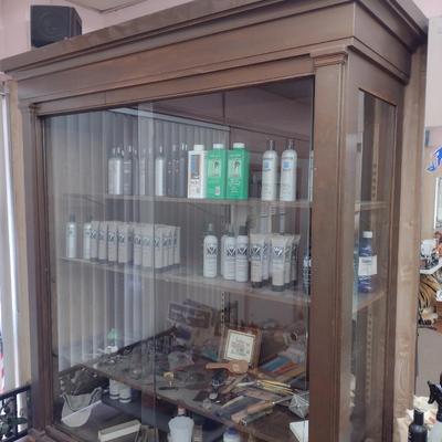 Antique 2-Piece Wood Framed Glass Display Front Apothecary Cabinet