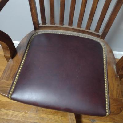 Vintage Mission Style Wood Frame Office Chair with Leather Seat and Brass Tack Accents