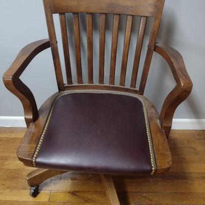 Vintage Mission Style Wood Frame Office Chair with Leather Seat and Brass Tack Accents