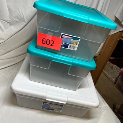 3 assorted storage totes