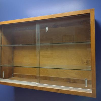 Vintage Wood Wall Mount or Tabletop Display Case with Glass Front Sliding Doors