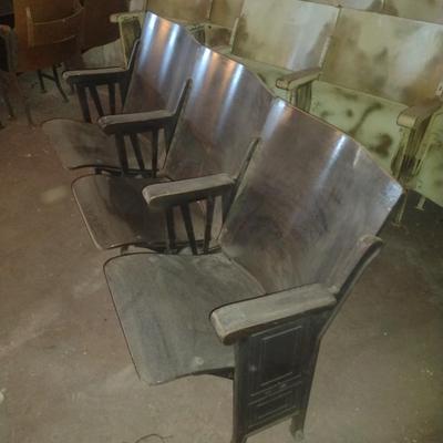Vintage Three Chair Wood Theatre or Church Pew Seating with Flip Seat and Cast Base Choice A