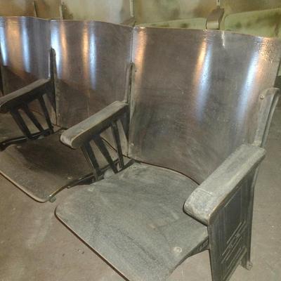 Vintage Three Chair Wood Theatre or Church Pew Seating with Flip Seat and Cast Base Choice A