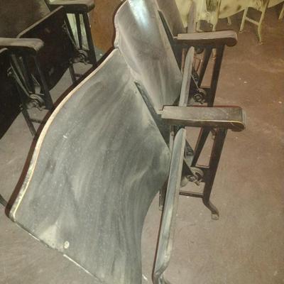 Vintage 2 Sets of Three Chair Wood Theatre or Church Pew Seating with Flip Seat and Cast Base (See all Pictures)