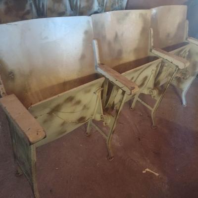 Vintage Three Chair Wood Theatre or Church Pew Seating with Flip Seat and Cast Base Painted