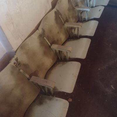 Vintage Six Chair Wood Theatre or Church Pew Seating with Flip Seat and Cast Base Painted