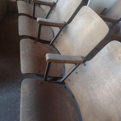 Vintage Four Chair Wood Theatre or Church Pew Seating with Flip Seat and Cast Base