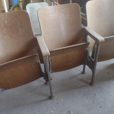 Vintage 10 Total Chairs Wood Theatre or Church Pew Seating with Flip Seat and Cast Base Non-Matching Sets.