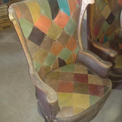 Pair of Vintage 70's MOD Style Faux Leather Patchwork Wing Back Chairs