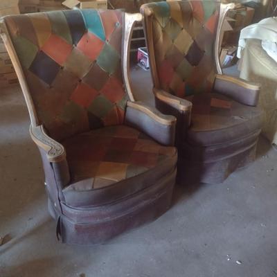 Pair of Vintage 70's MOD Style Faux Leather Patchwork Wing Back Chairs