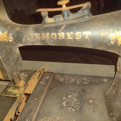 Antique Demorest Cast Body Treadle Sewing Machine with Wood Cabinet and Cast-Iron Base
