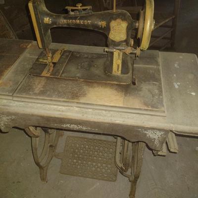 Antique Demorest Cast Body Treadle Sewing Machine with Wood Cabinet and Cast-Iron Base