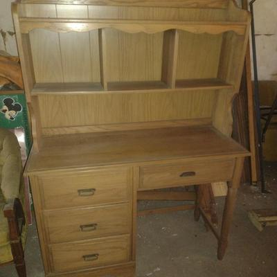 Two Piece Oak Finish Knee Hole Desk with Hutch Top