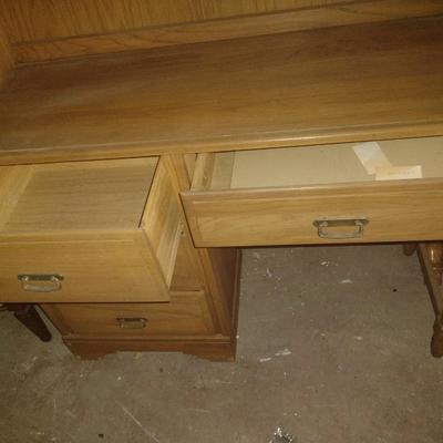 Two Piece Oak Finish Knee Hole Desk with Hutch Top