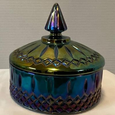 Vintage Indiana Glass Peacock Blue Carnival Candy Dish w/Lid