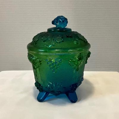 Vintage Blue/Green Candy Dish Flashed Footed Grape/Leaf