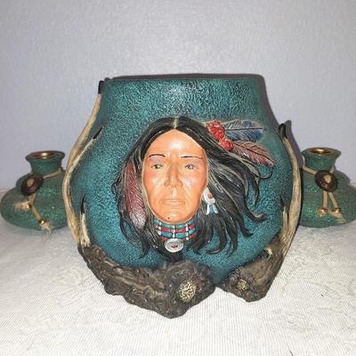 NATIVE AMERICAN POTTERY AND MATCHING CANDLE HOLDERS