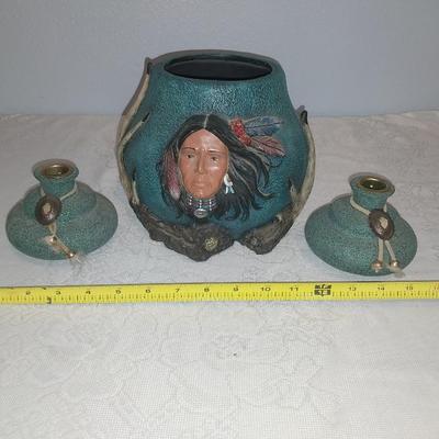 NATIVE AMERICAN POTTERY AND MATCHING CANDLE HOLDERS