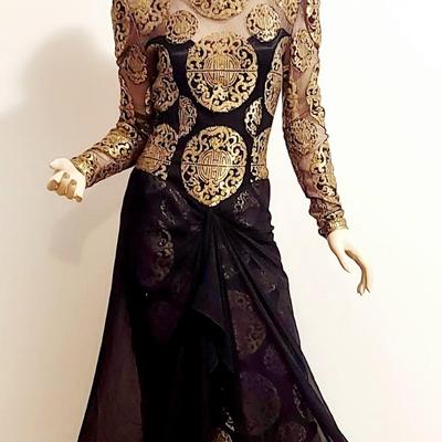 Vtg Couture Michael Casey 80s Chiffon/Gold Metallic maxi dress
