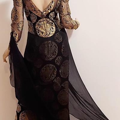 Vtg Couture Michael Casey 80s Chiffon/Gold Metallic maxi dress