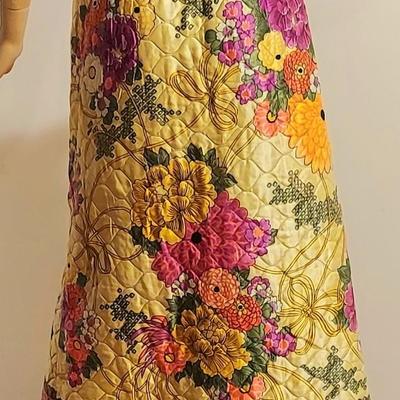 Vtg 60-70s JC Penney Quilted Hand printed Maxi Skirt button front