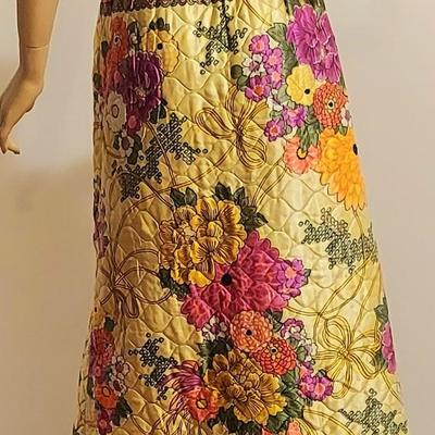 Vtg 60-70s JC Penney Quilted Hand printed Maxi Skirt button front