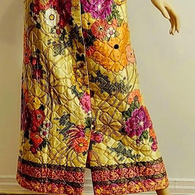 Vtg 60-70s JC Penney Quilted Hand printed Maxi Skirt button front