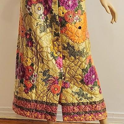 Vtg 60-70s JC Penney Quilted Hand printed Maxi Skirt button front