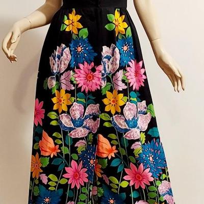 Vtg 1970s Alice of Calif Polynesian Fashion Maxi Sulk Screened dress