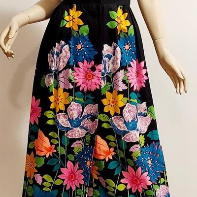 Vtg 1970s Alice of Calif Polynesian Fashion Maxi Sulk Screened dress
