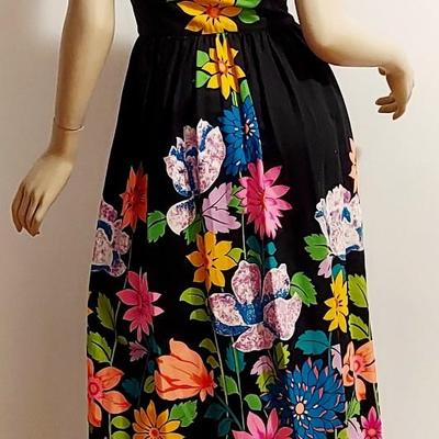 Vtg 1970s Alice of Calif Polynesian Fashion Maxi Sulk Screened dress